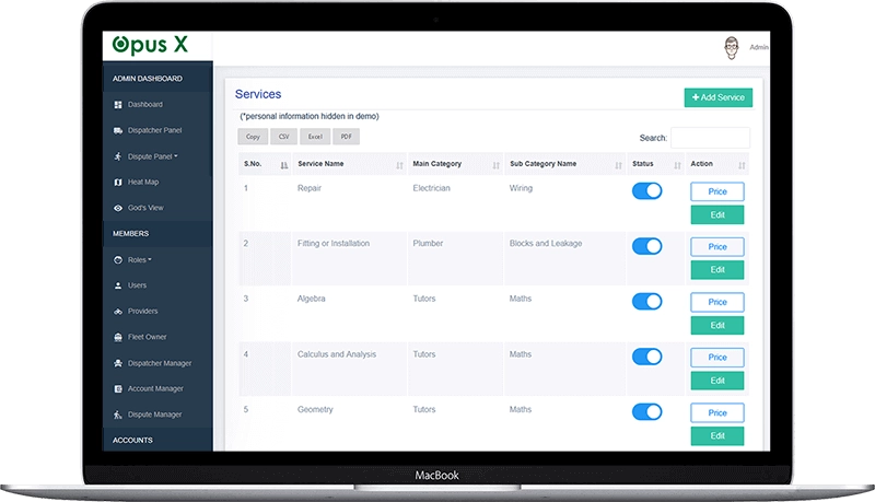 Admin panel of our multi-services app